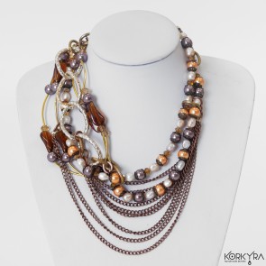 KM026 - FRESHWATER PEARLS, BROWN AND ORANGE BEADS AND COPPER CHAINS